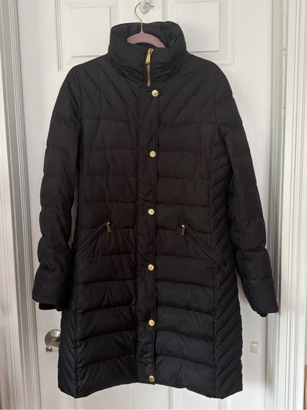 Michael Kors Black Down Puffer Coat Gold Hardware Winter Luxury Classic Mob Wife